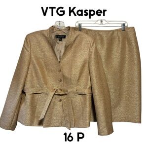 VTG Kasper tan textured 2 pc lined pencil skirt belted pleated  jacket suit 16P